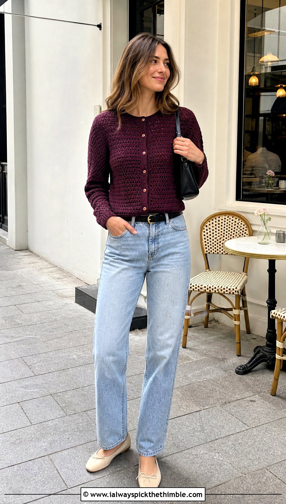 Crew Neck Crochet Button Cardigan With Straight Leg Jeans - 20 Crochet Button Cardigan outfit ideas