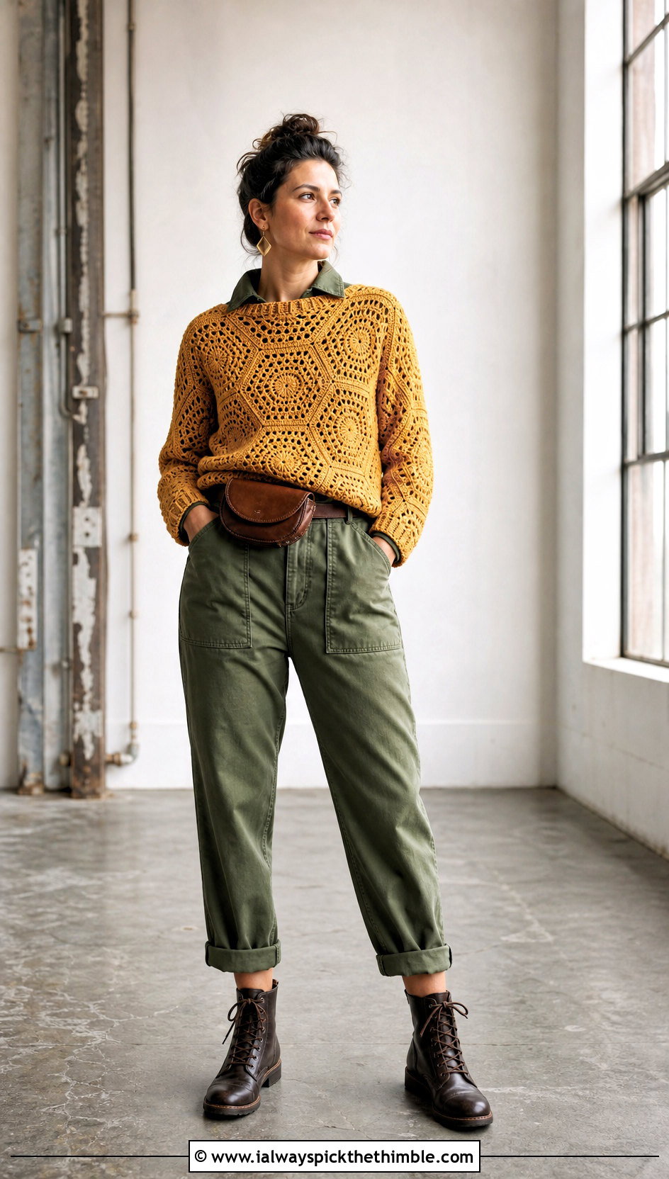 Crew Neck Crochet Hexagon Jumper With Utility Jumpsuit - 20 crochet hexagon jumper outfit ideas