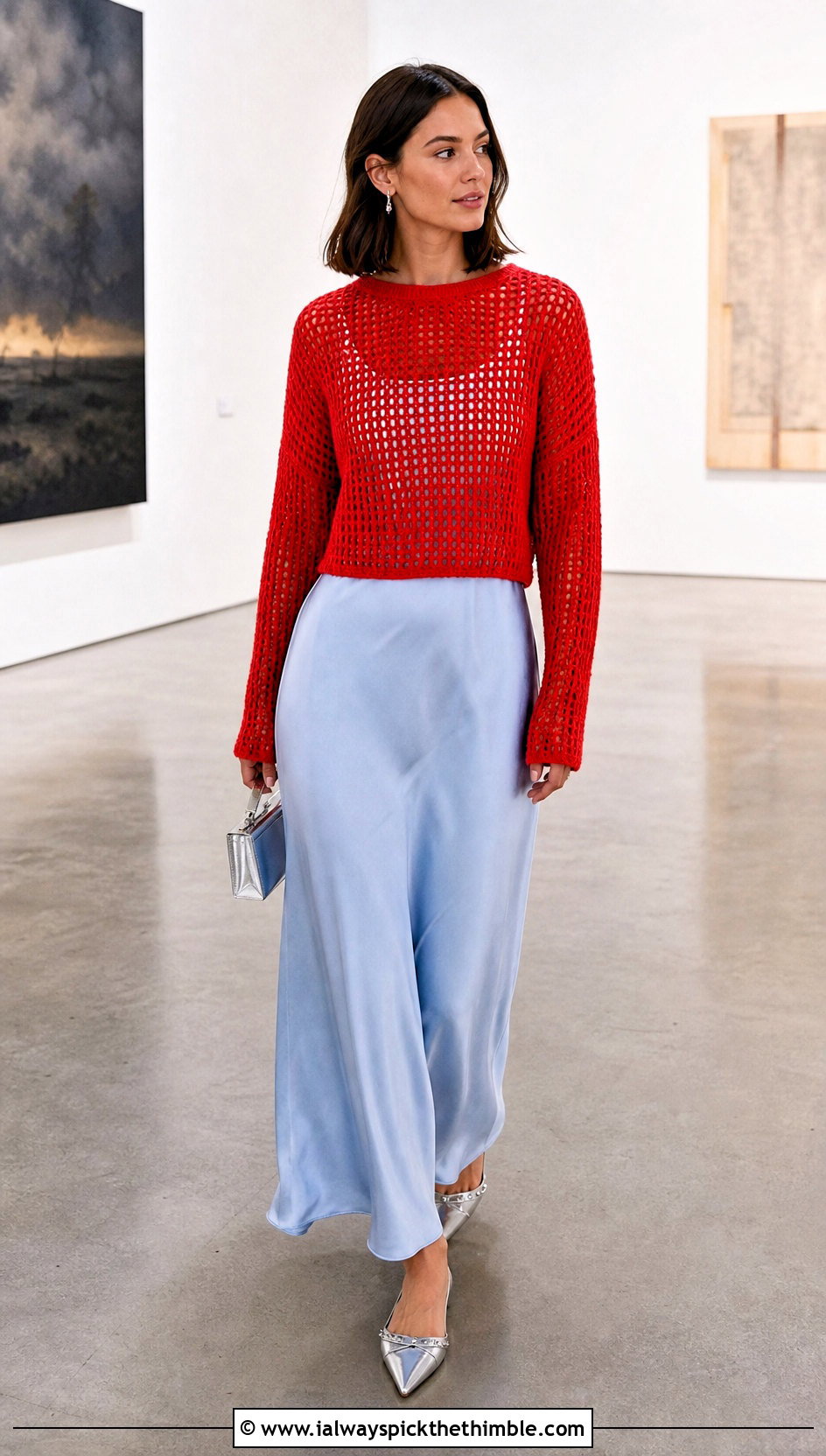 Crew Neck Crochet Mesh Sweater Over A Slip Dress - 25 crochet mesh sweater outfit ideas