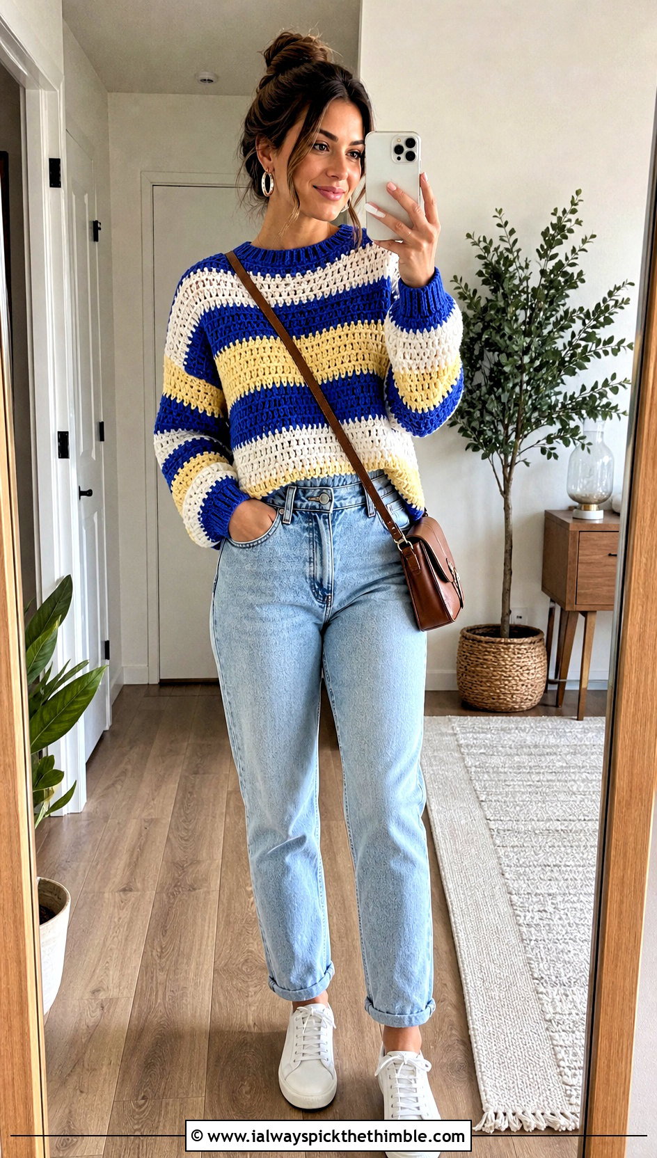 Crew Neck Crochet Striped Sweater With Mom Jeans - 25 crochet striped sweater outfit ideas