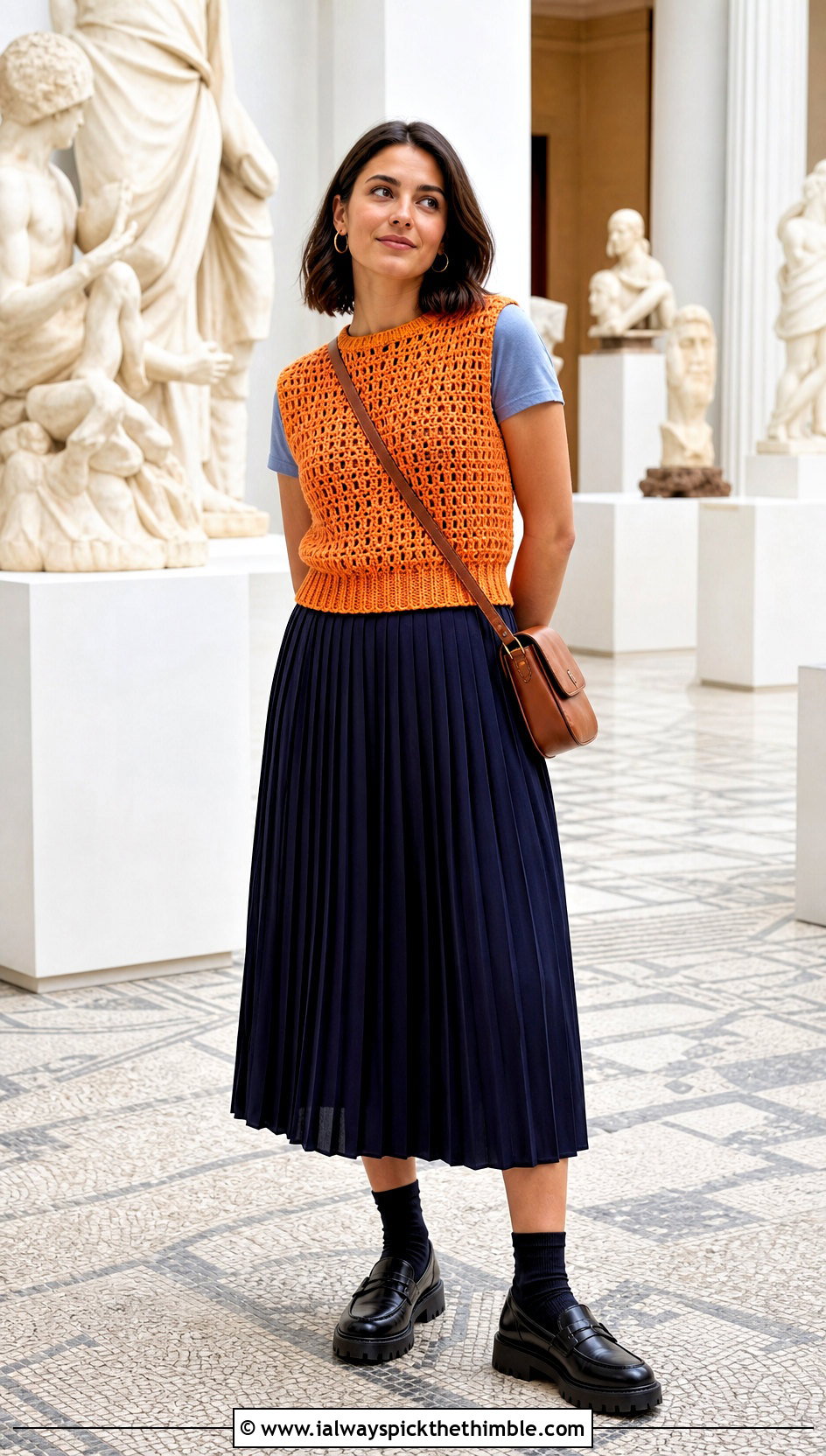 Crew Neck Crochet Sweater Vest With Pleated Skirt - 15 modern crochet vest outfit ideas