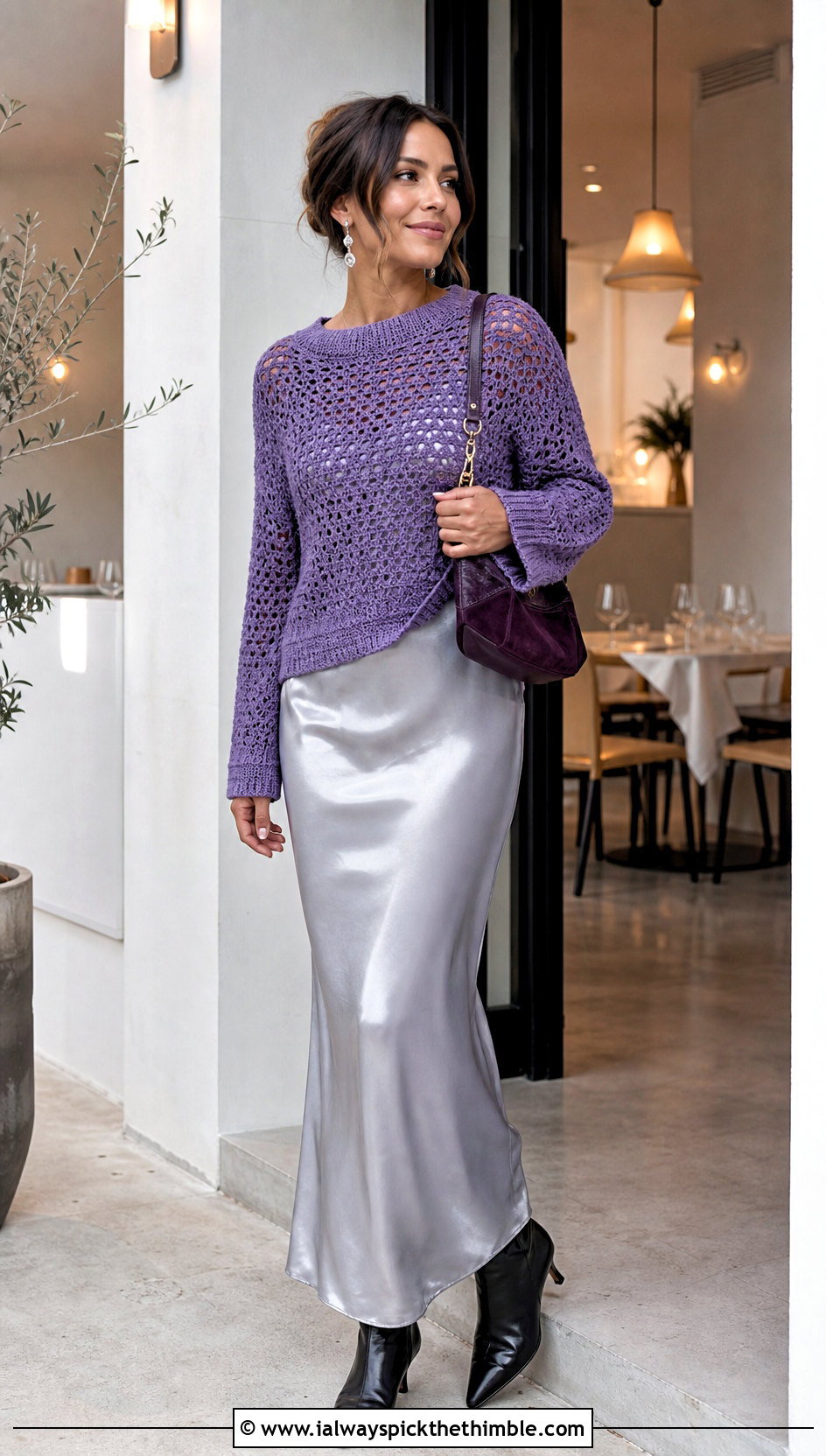 Crew Neck Crochet Sweater With Slip Dress - 20 Woman Crochet Sweater outfit ideas