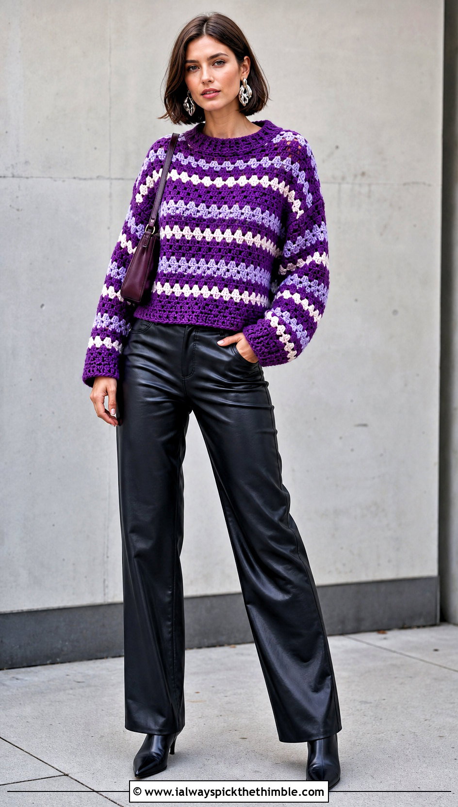 Crew Neck Granny Stripe Crochet Sweater With Leather Pants - 20 Granny Stripe Crochet Sweater outfit ideas
