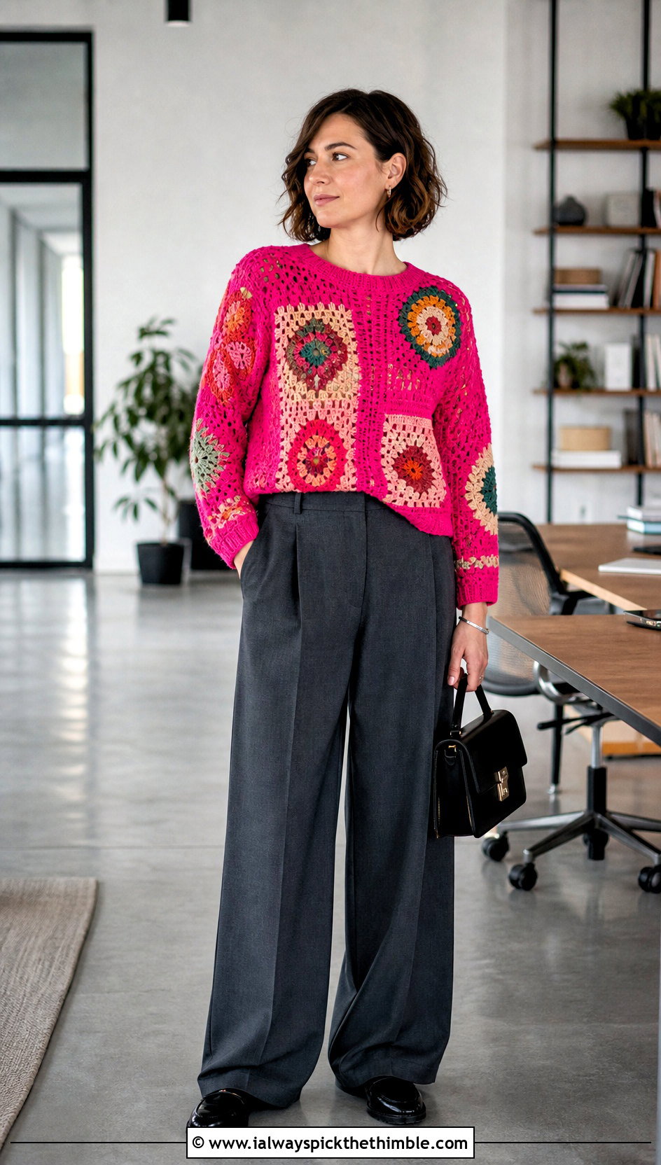 Crew Neck Mosaic Crochet Patchwork Jumper With Wide Leg Trousers - 15 crochet patchwork jumper outfit ideas