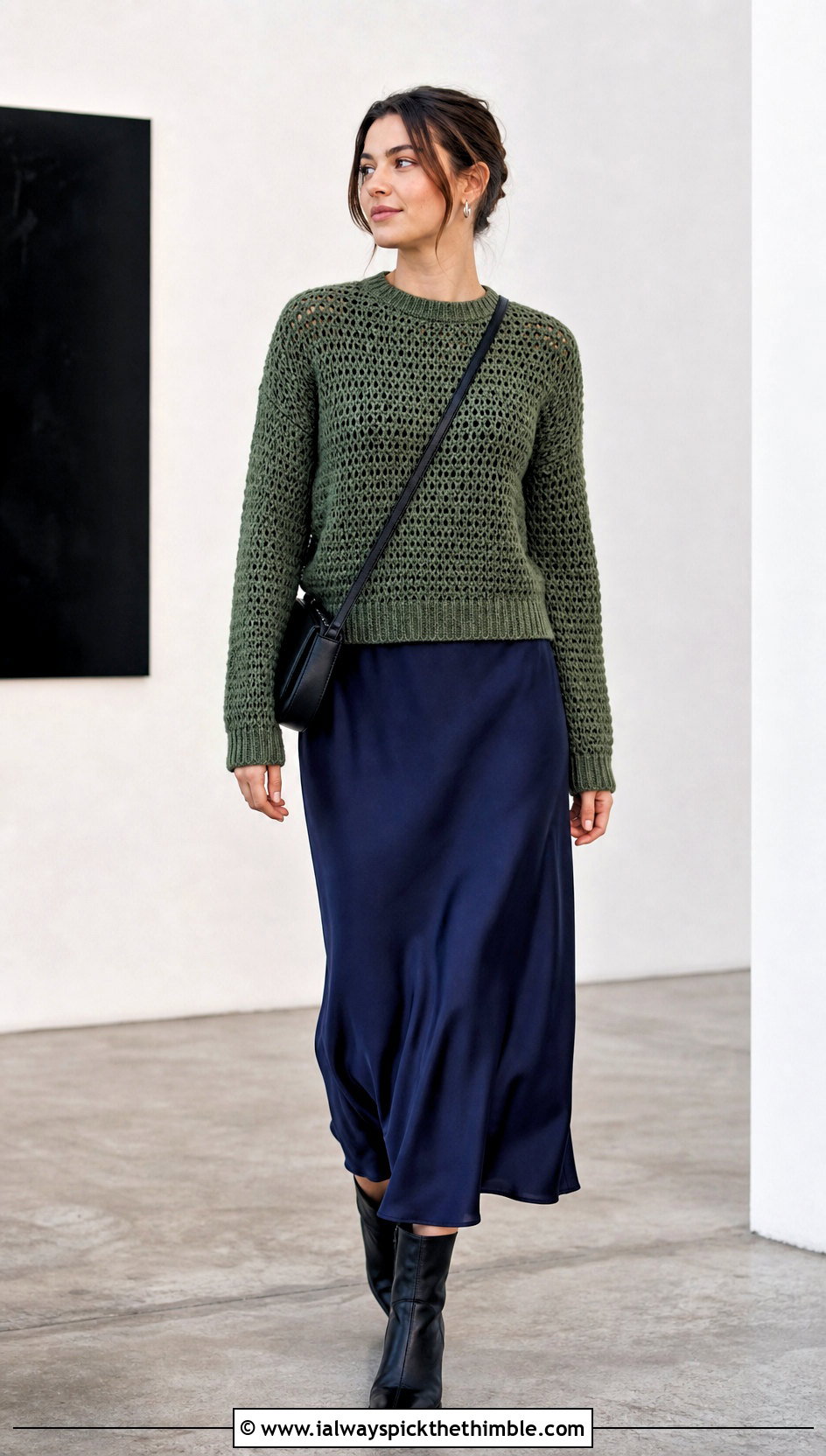 Crew Neck Top Down Crochet Sweater With Slip Dress - 15 Easy Top Down Crochet Sweater outfit ideas