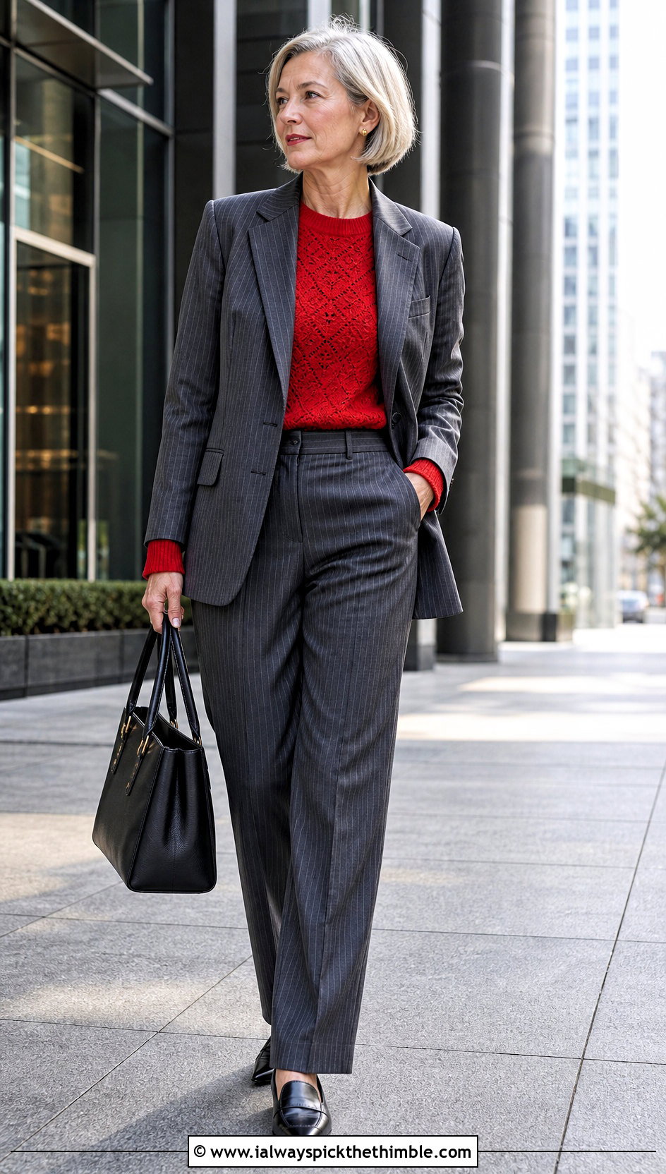 Crew Neck V Stitch Crochet Sweater With Pinstripe Suit - 20 V Stitch Crochet Sweater outfit ideas