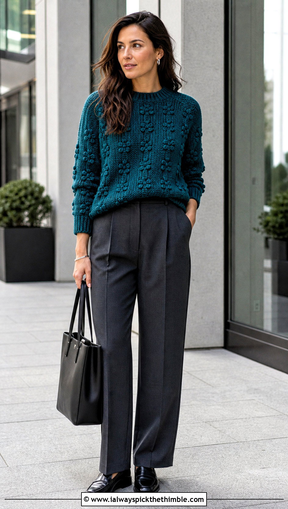 Crewneck Bobble Sweater With Tailored Trousers - 20 crochet bobble sweater outfit ideas