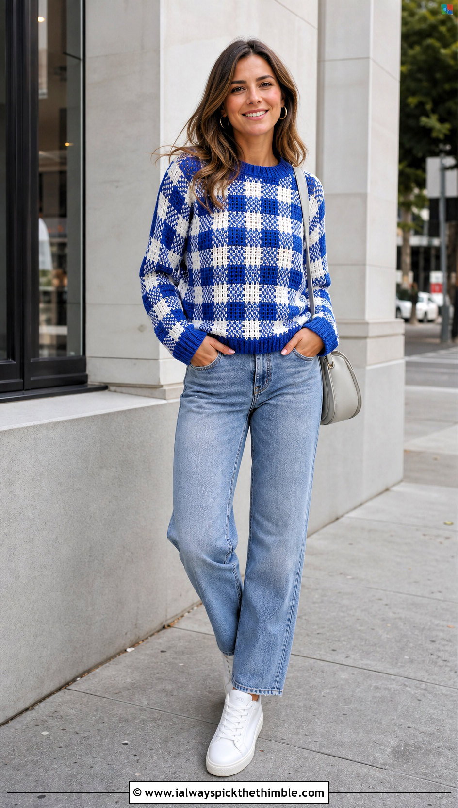 Crewneck Crochet Gingham Sweater With Straight Leg Jeans - 20 Crochet Gingham Sweater outfit ideas