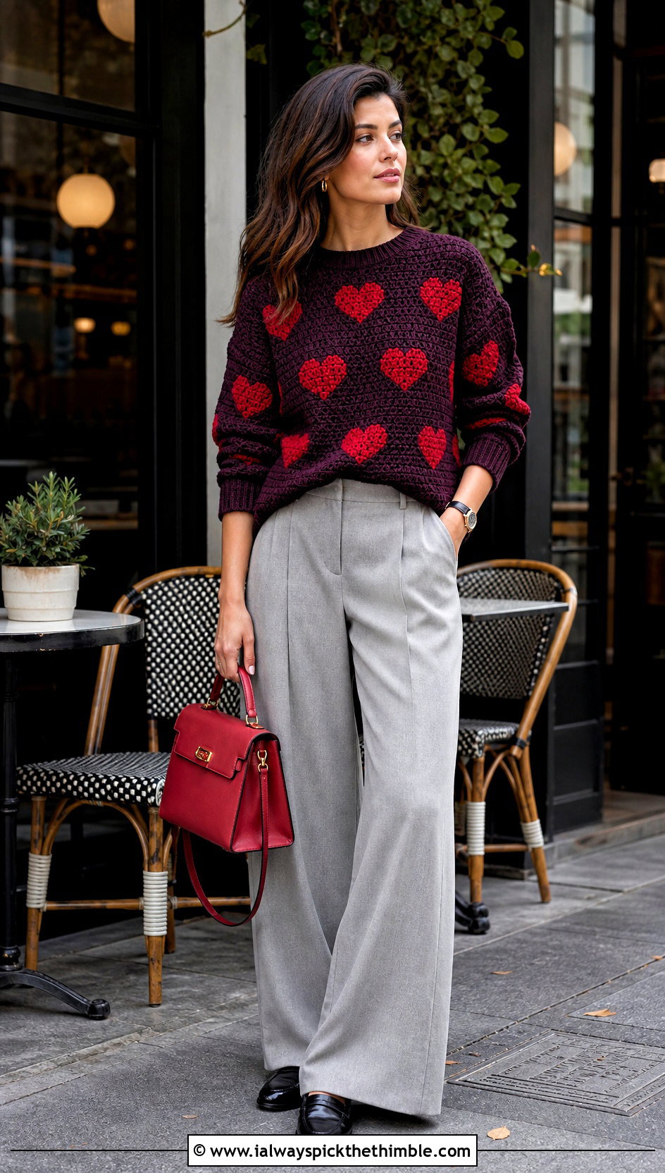 Crewneck Crochet Heart Jumper With Wide Leg Trousers - 20 crochet heart jumper outfit ideas