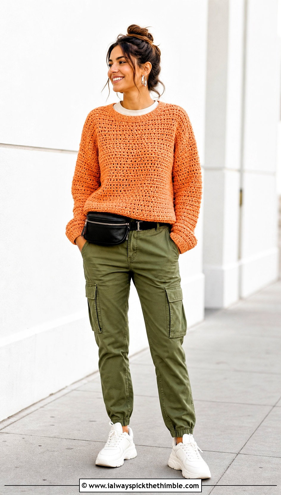 Crewneck Crochet Jumper With Cargo Pants - 20 Beginner Crochet Jumper outfit ideas