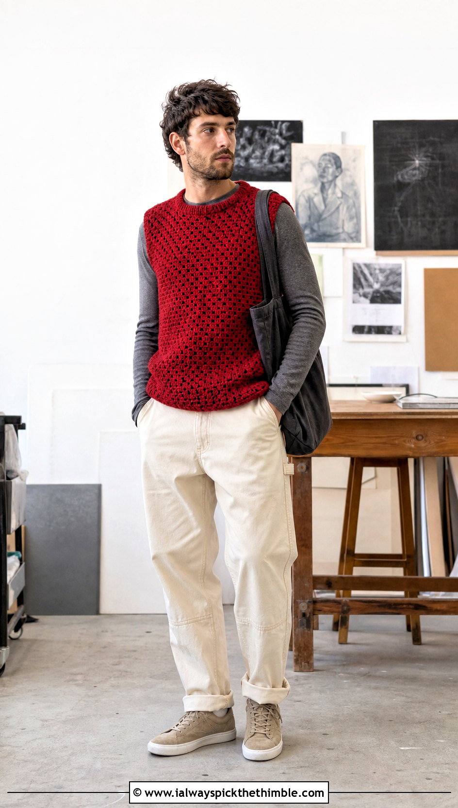Crewneck Crochet Mens Sweater Vest With Long Sleeve T Shirt And Carpenter Pants - 20 crochet mens sweater vest outfit ideas