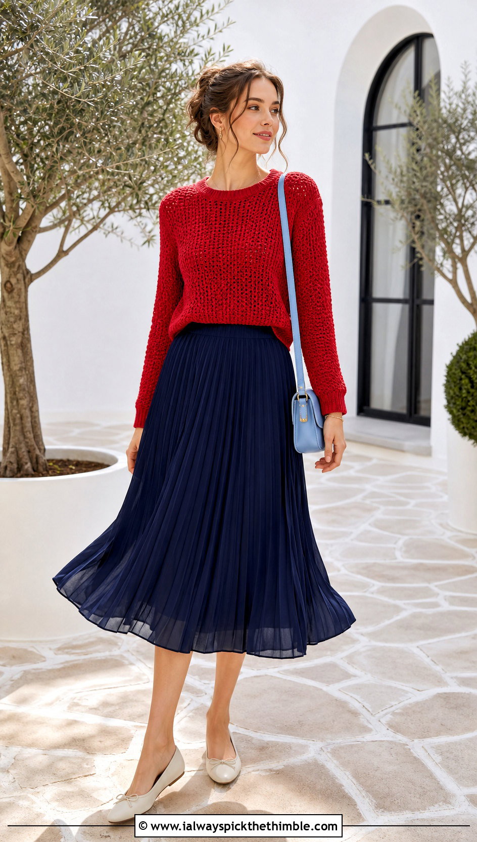 Crewneck Crochet Sweater With Pleated Skirt - 25 simple crochet sweater outfit ideas