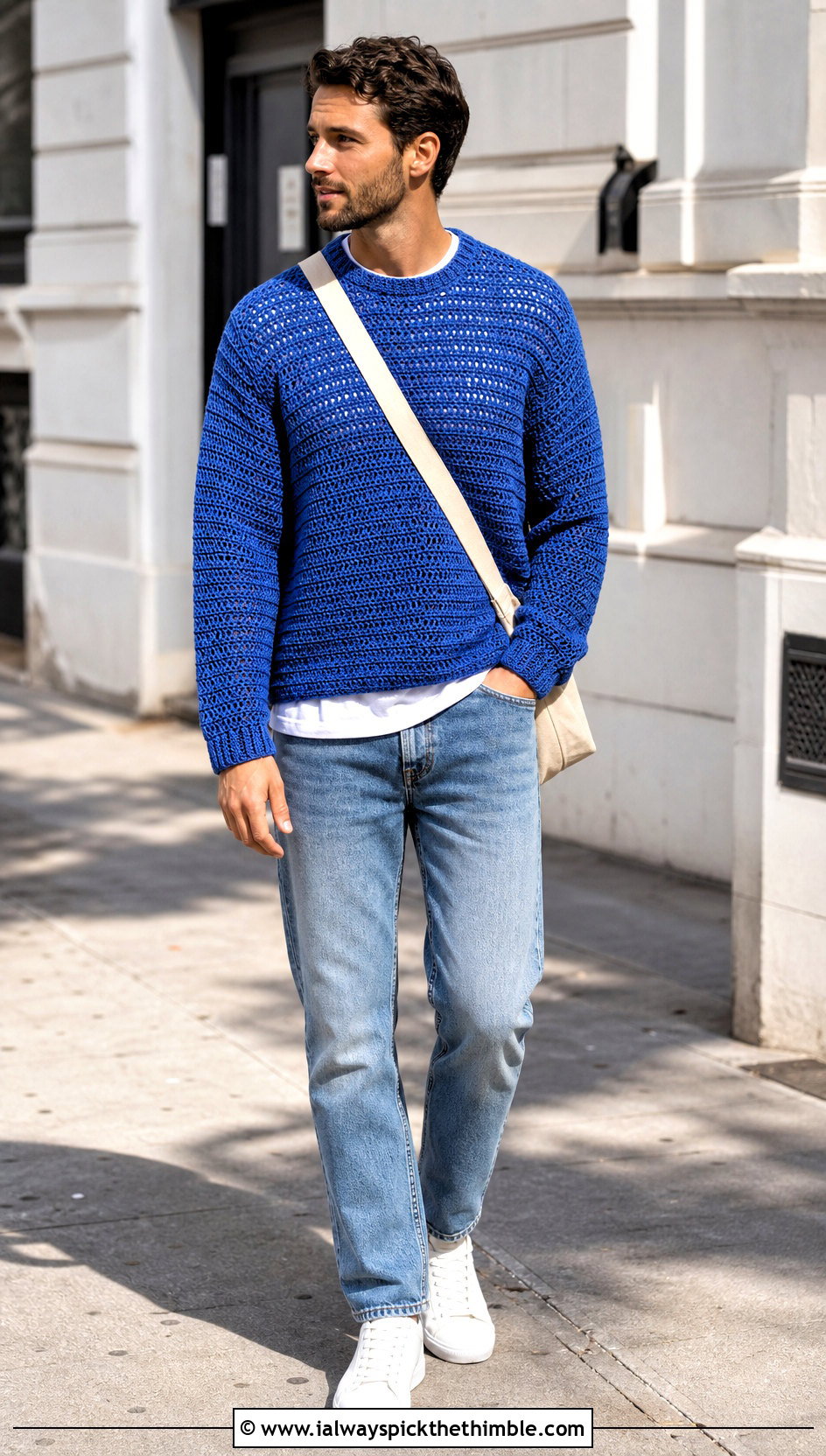 Crewneck Crochet Sweater With Straight Jeans - 25 crochet sweater for men outfit ideas