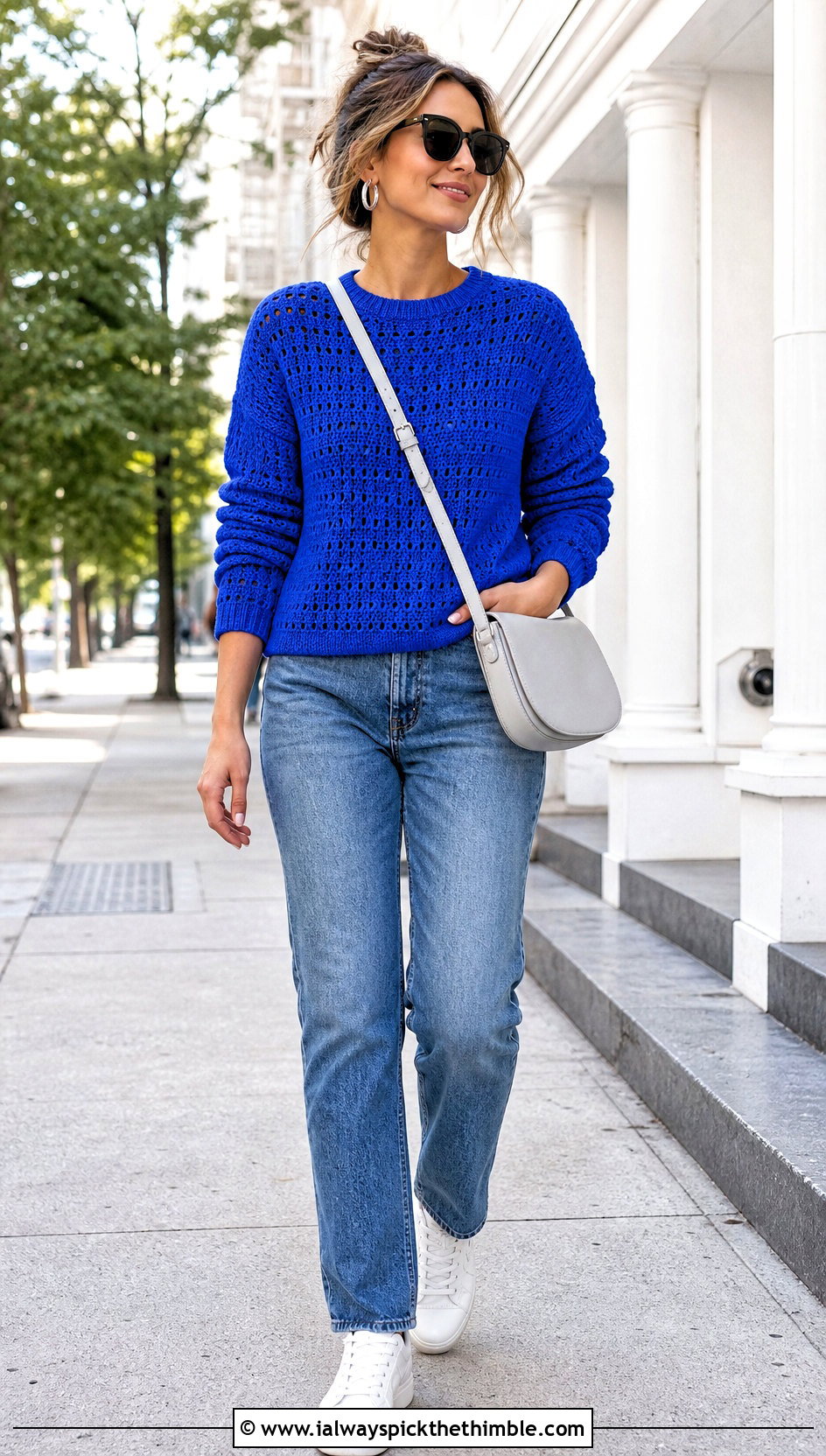 Crewneck Crochet Sweater With Straight Leg Jeans - 20 Crochet Ladies Sweater outfit ideas