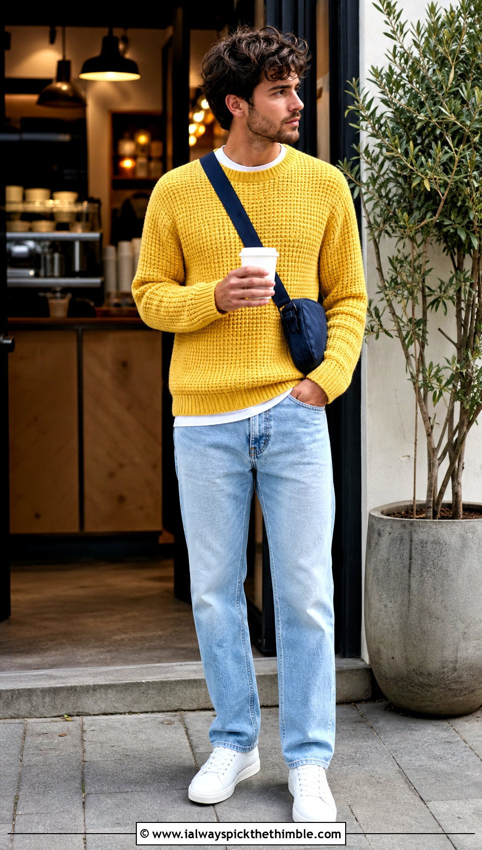 Crewneck Crochet Sweater With Straight Leg Jeans - 25 men crochet sweater outfit ideas