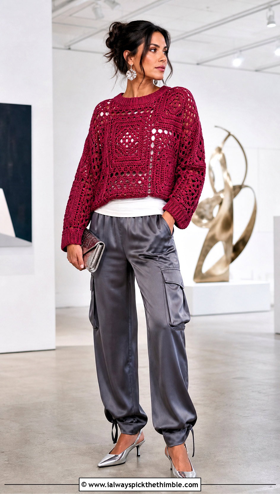 Crewneck Granny Crochet Pullover With Satin Cargo Pants - 20 granny crochet sweater outfit ideas
