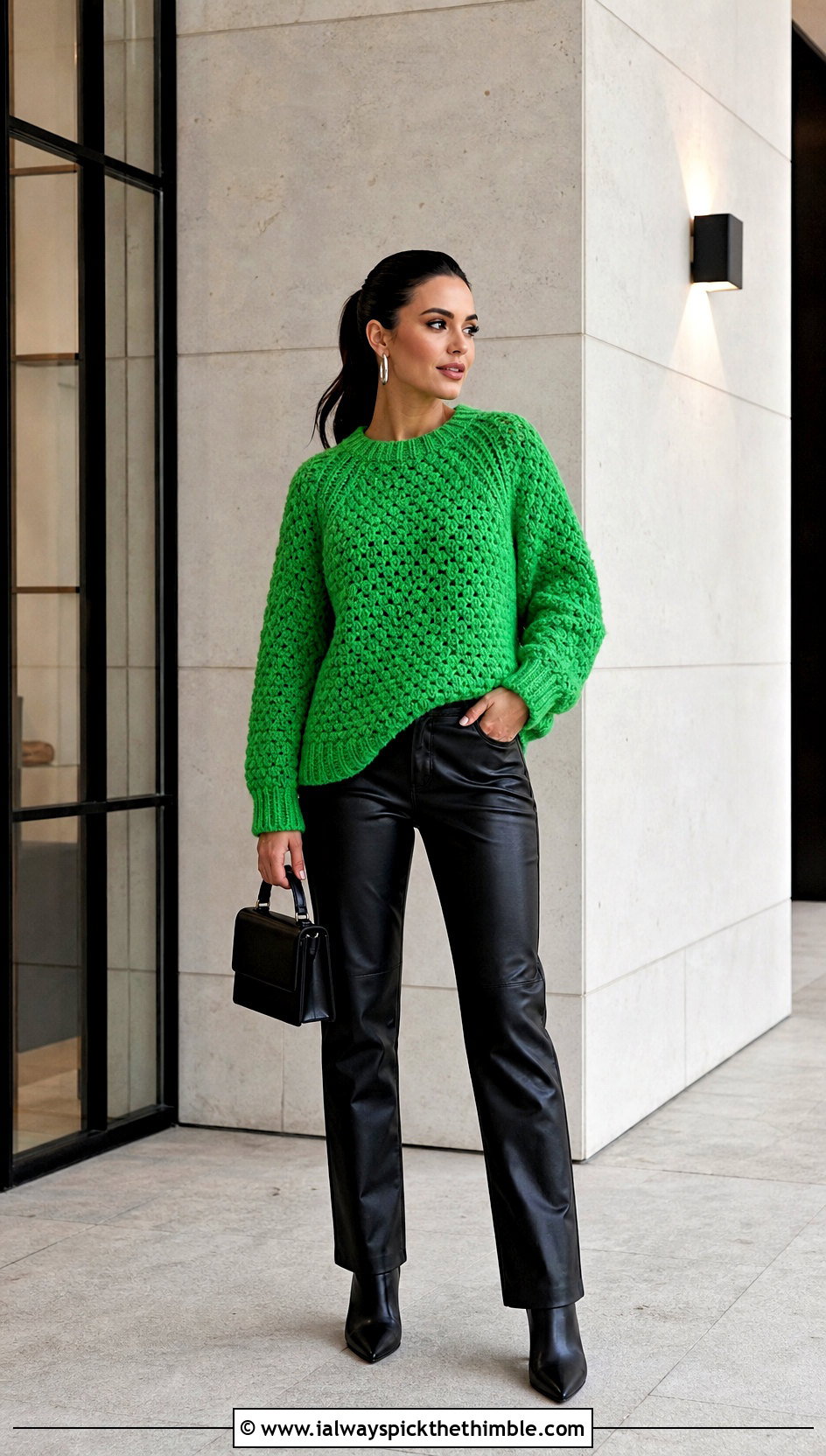 Crewneck Granny Raglan Sweater With Leather Pants - 20 Crochet Granny Raglan Sweater outfit ideas
