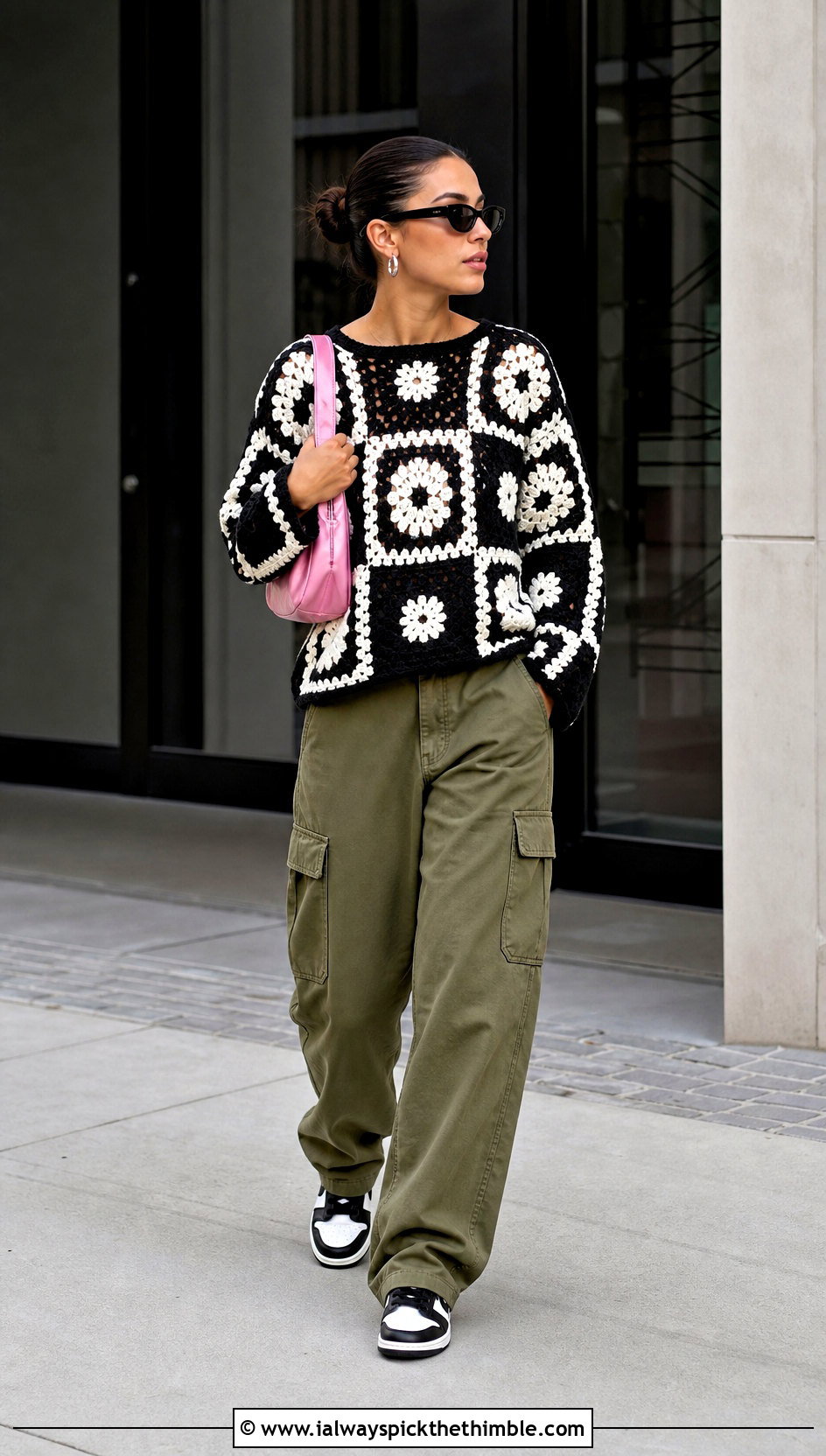 Crewneck Granny Square Sweater With Cargo Pants - 20 black and white granny square sweater outfit ideas