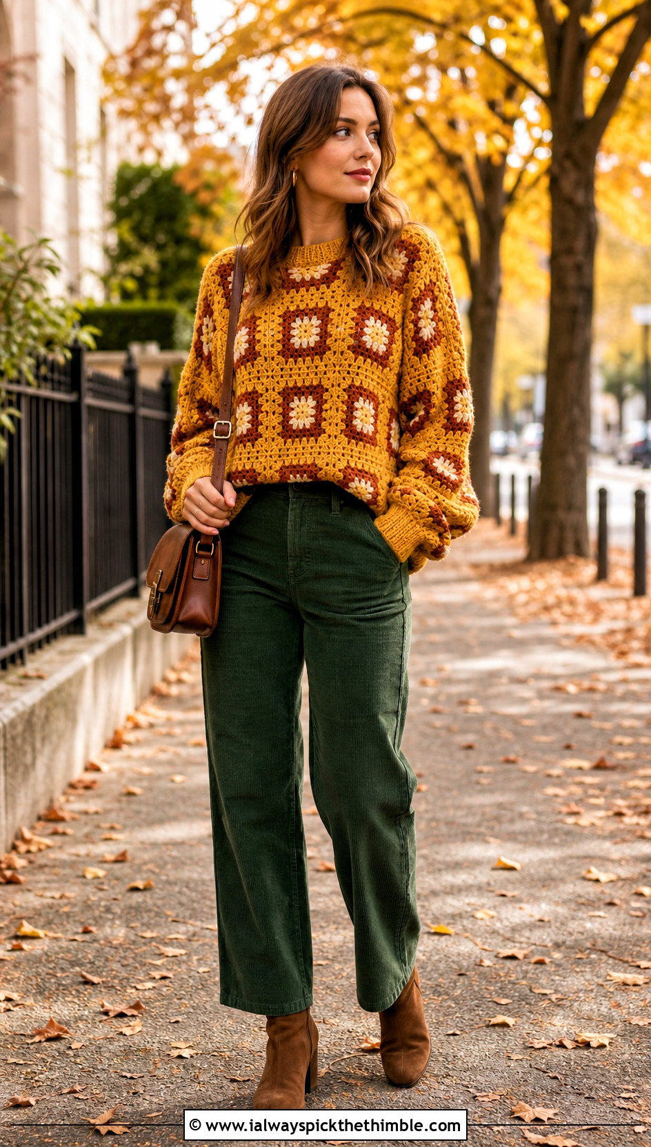 Crewneck Granny Square Sweater With Corduroy Pants - 20 oversized granny square sweater outfit ideas
