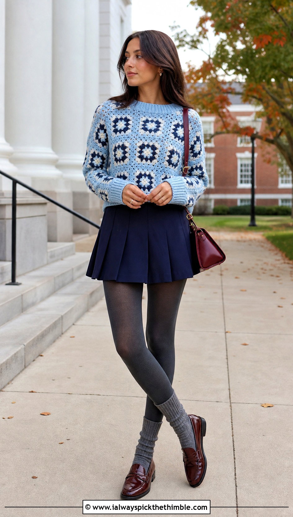 Crewneck Granny Square Sweater With Pleated Mini Skirt - 20 easy granny square sweater outfit ideas