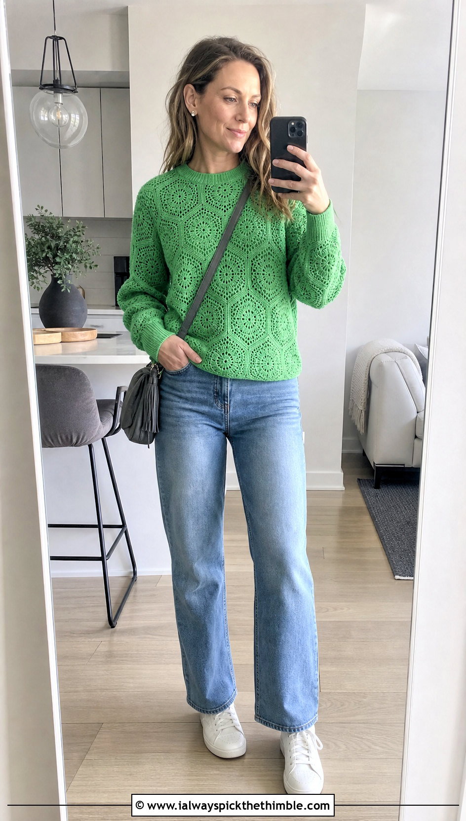Crewneck Hexagon Pullover With Straight Leg Jeans - 25 crochet hexagon pullover outfit ideas