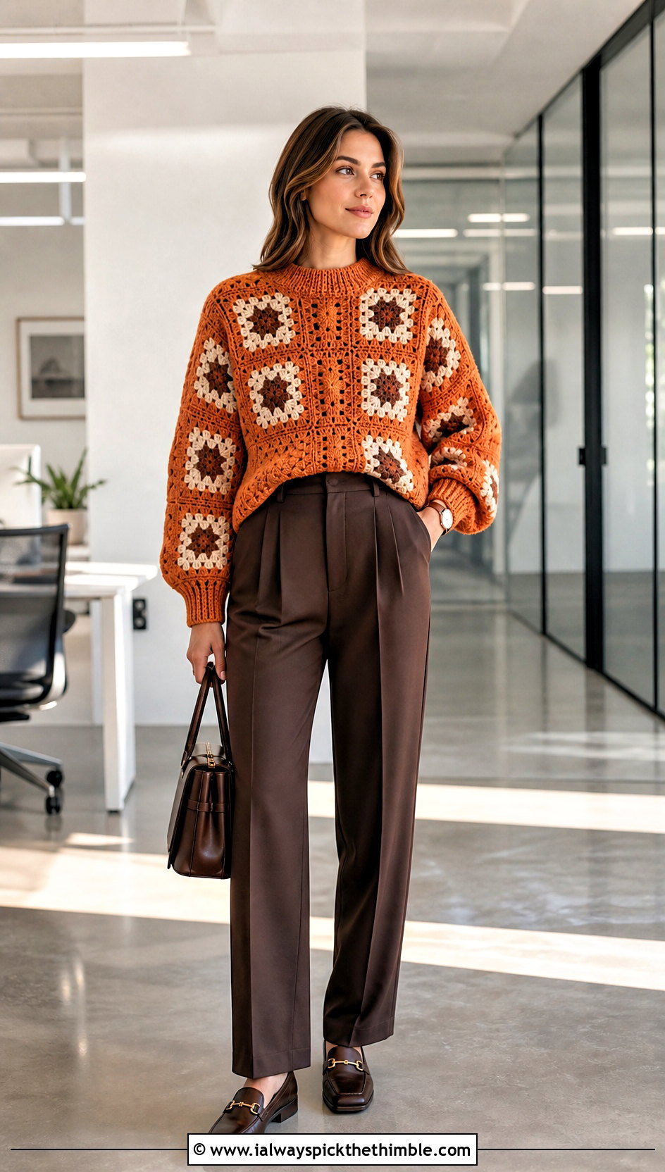 Crewneck Large Granny Square Sweater With Pleated Trousers - 25 large granny square sweater outfit ideas