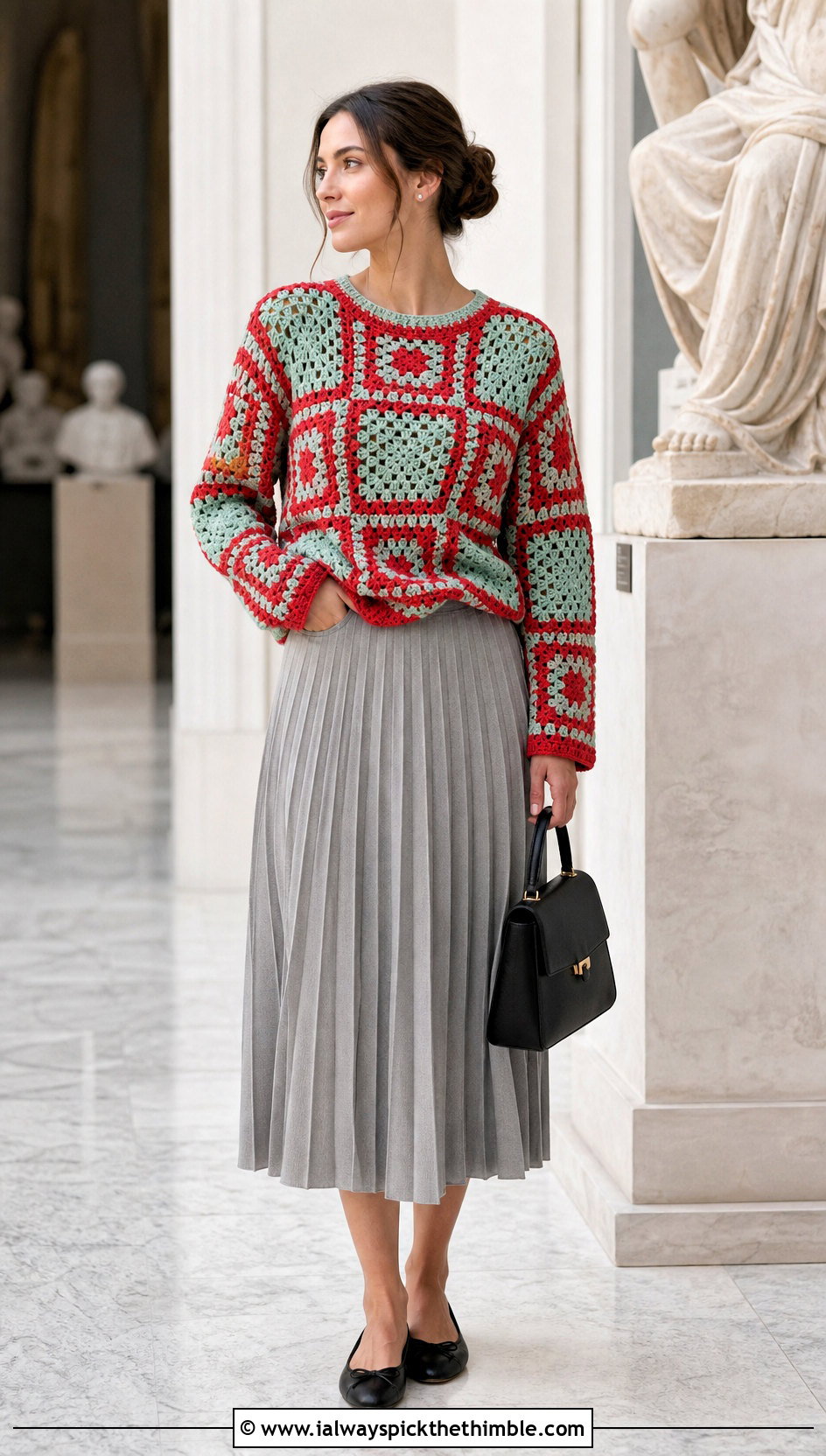 Crewneck Mosaic Crochet Sweater With Pleated Midi Skirt - 20 Mosaic Crochet Sweater outfit ideas