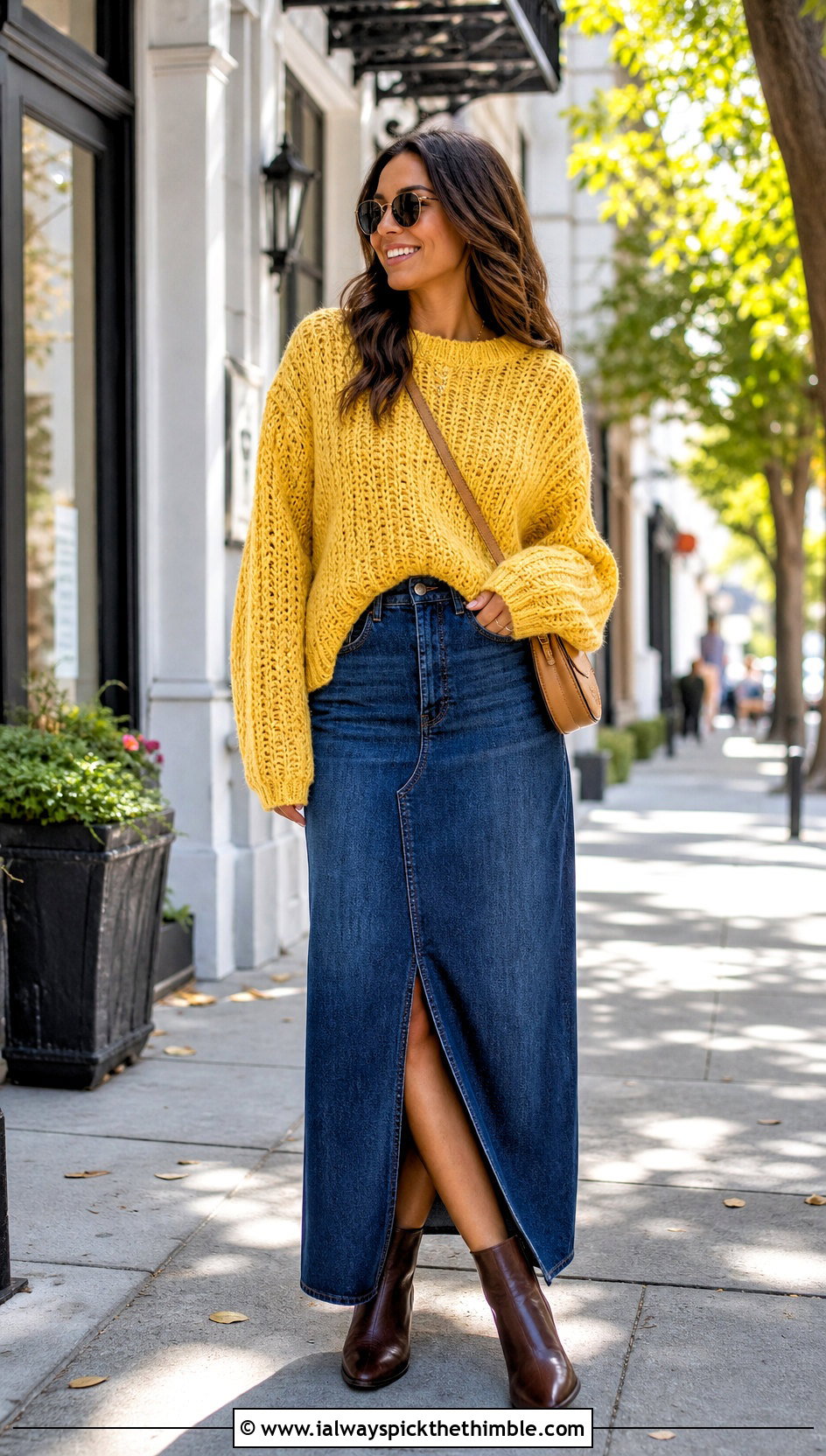 Crewneck Oversized Crochet Sweater With Denim Maxi Skirt - 25 crochet oversized sweater outfit ideas