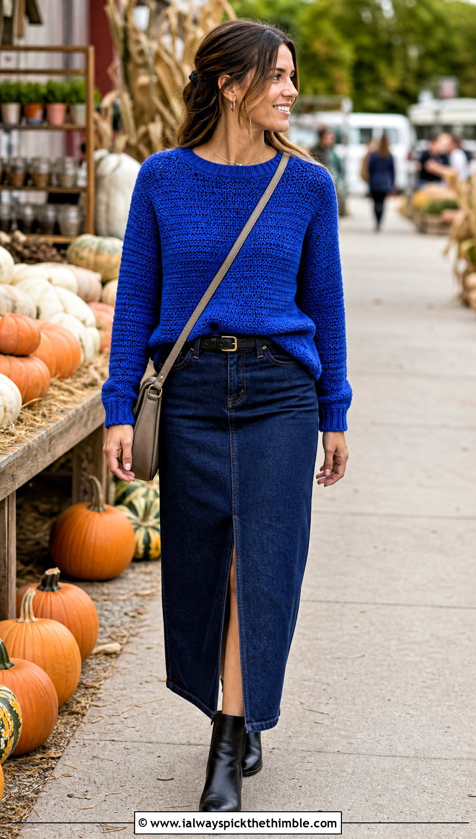 Crewneck Round Yoke Crochet Sweater With Denim Maxi Skirt - 20 Round Yoke Crochet Sweater outfit ideas