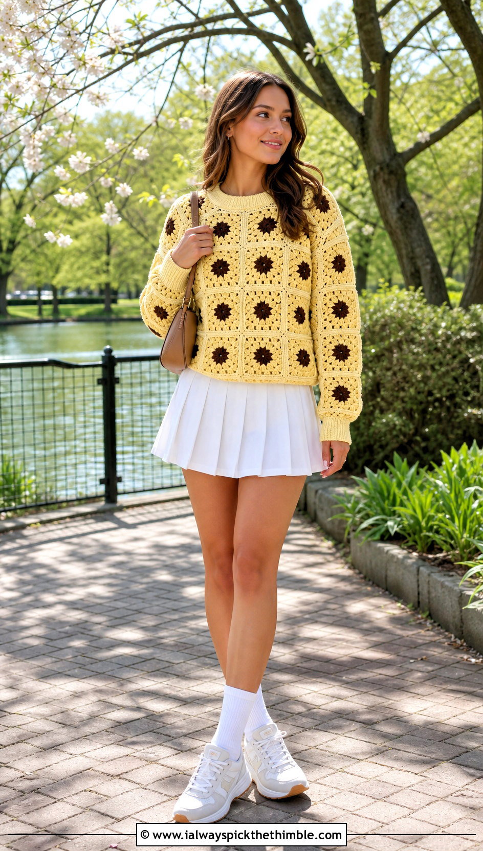 Crewneck Sunflower Granny Square Sweater With Tennis Skirt - 20 sunflower granny square sweater outfit ideas