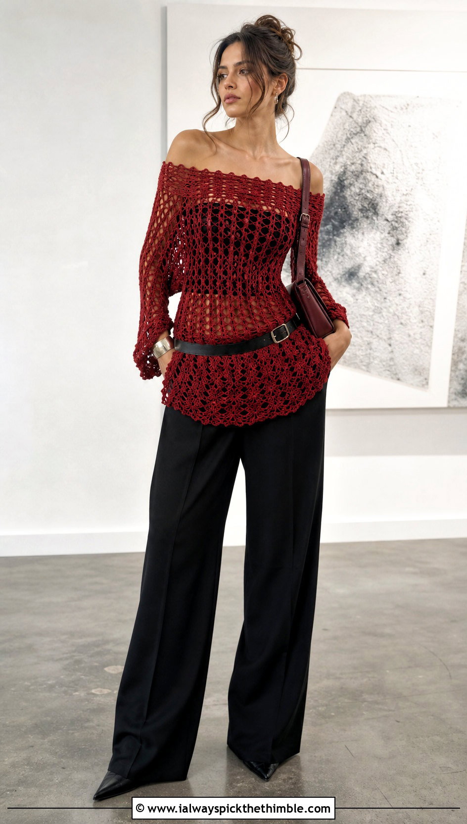 Crimson Off Shoulder Crochet Dress With Wide Leg Trousers - 15 goth crochet dress outfit ideas