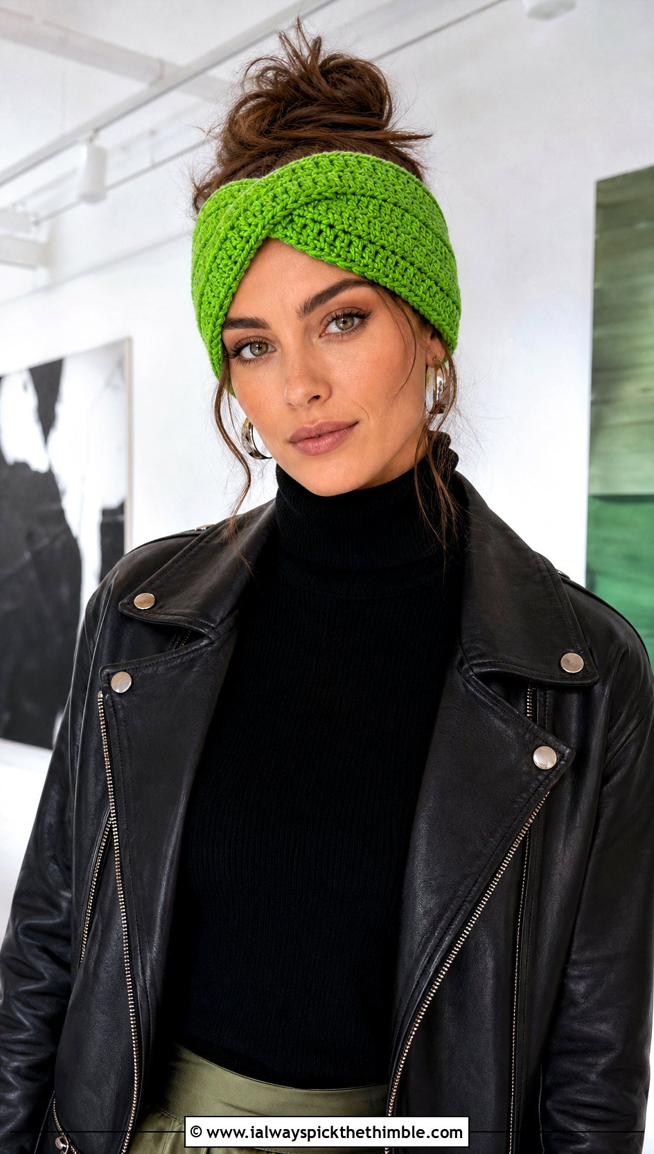 Criss Cross Crochet Headband With Leather Jacket - 20 Easy Crochet Winter Headband outfit ideas