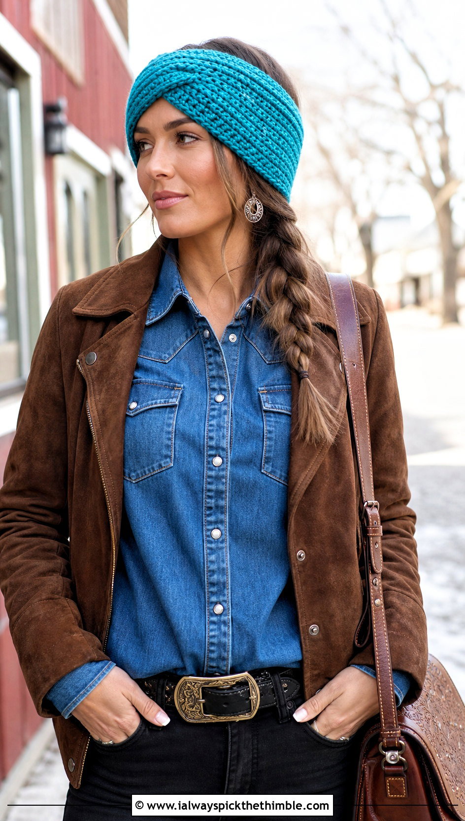 Criss Cross Wide Crochet Ear Warmer With Denim Shirt - 15 Wide Crochet Ear Warmer outfit ideas