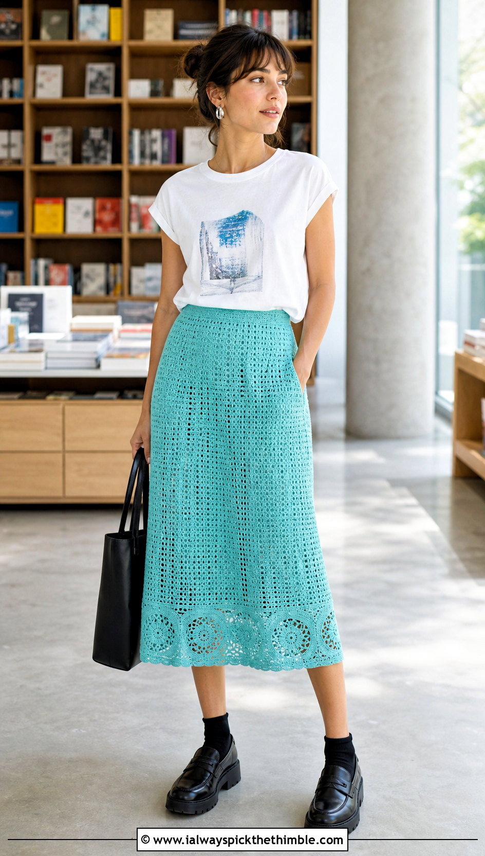 Crochet A Line Midi Skirt With Graphic T Shirt And Loafers - 15 diy summer crochet clothing and outfit ideas