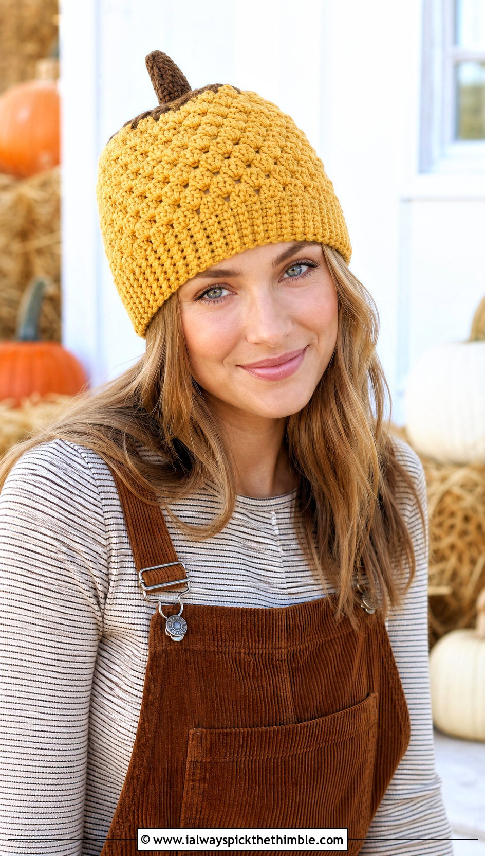 Crochet Acorn Beanie With Corduroy Overalls - 15 Crochet Thanksgiving Hat outfit ideas