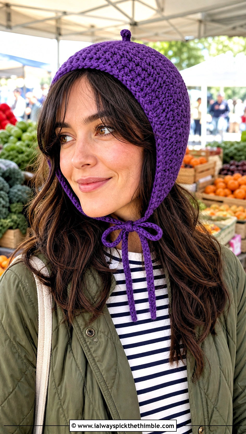 Crochet Acorn Bonnet With Quilted Jacket - 20 crochet acorn hat outfit ideas