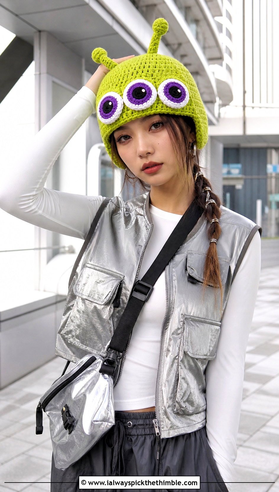 Crochet Alien Eye Hat With Cargo Pants - 20 Crochet Silly Hats outfit ideas