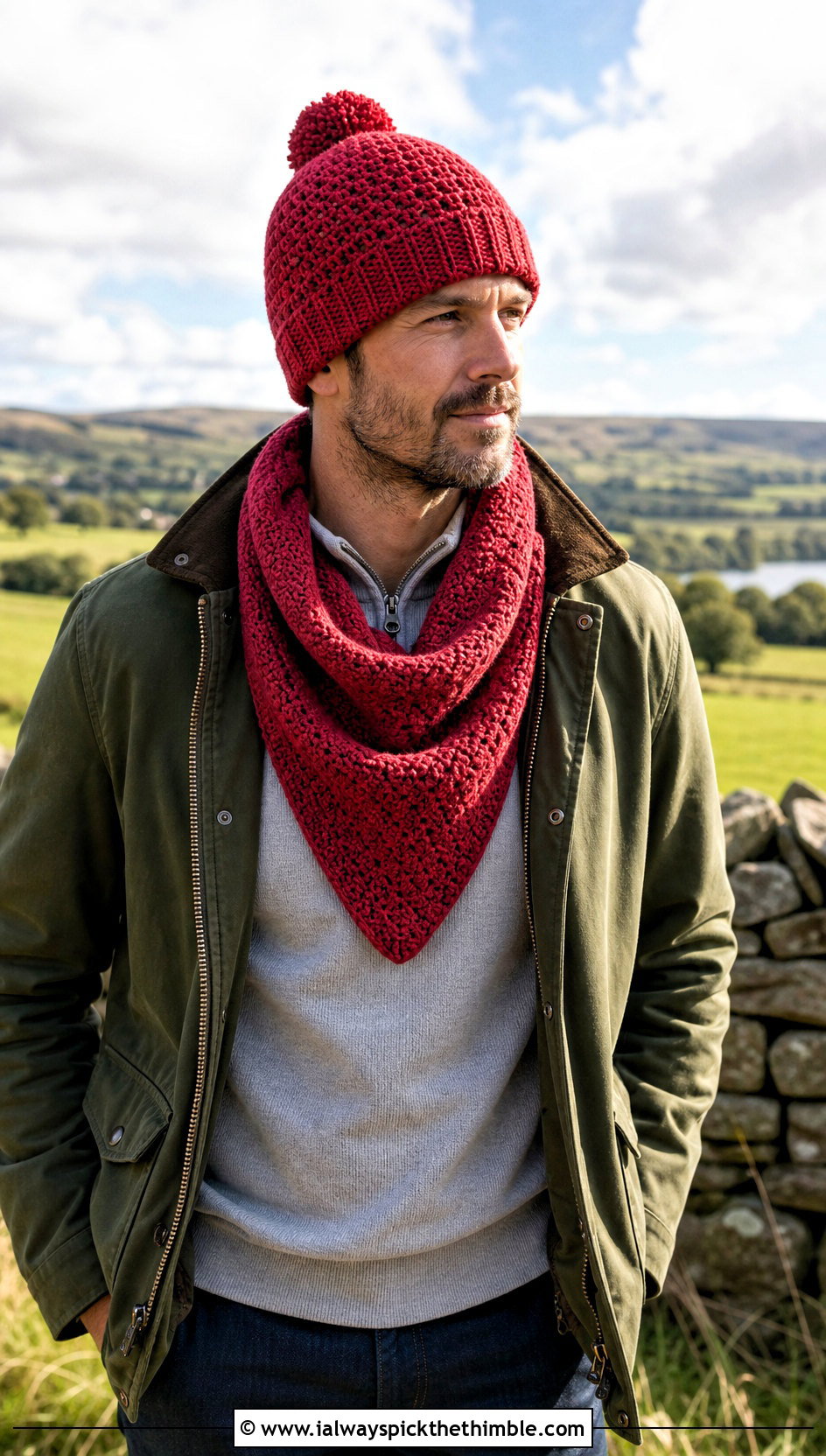 Crochet Alpine Beanie And Triangle Scarf With Quarter Zip - 20 Crochet Mens Hat And Scarf outfit ideas
