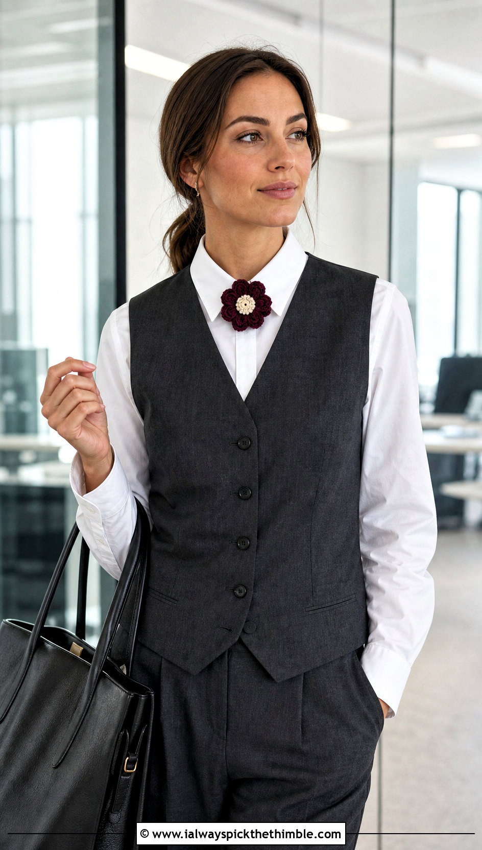 Crochet Anemone Collar Pin With Office Outfit - 20 Crochet Flower Outfit ideas