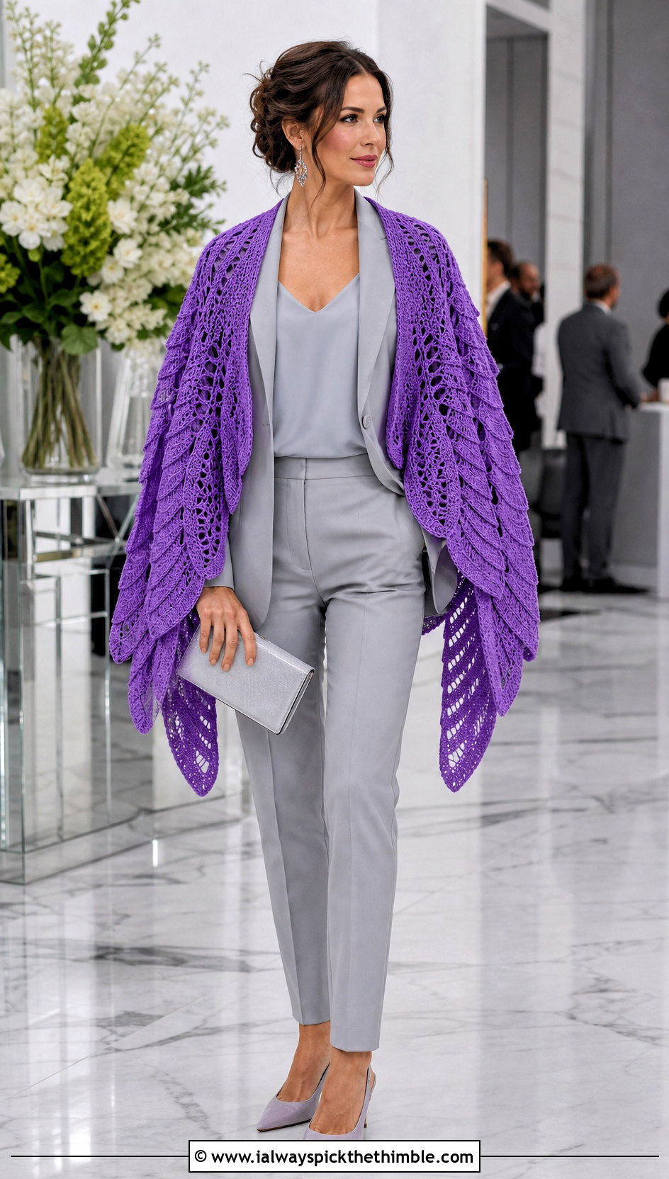 Crochet Angel Wing Shawl With Monochrome Suit - 20 Crochet Wing Shawl outfit ideas