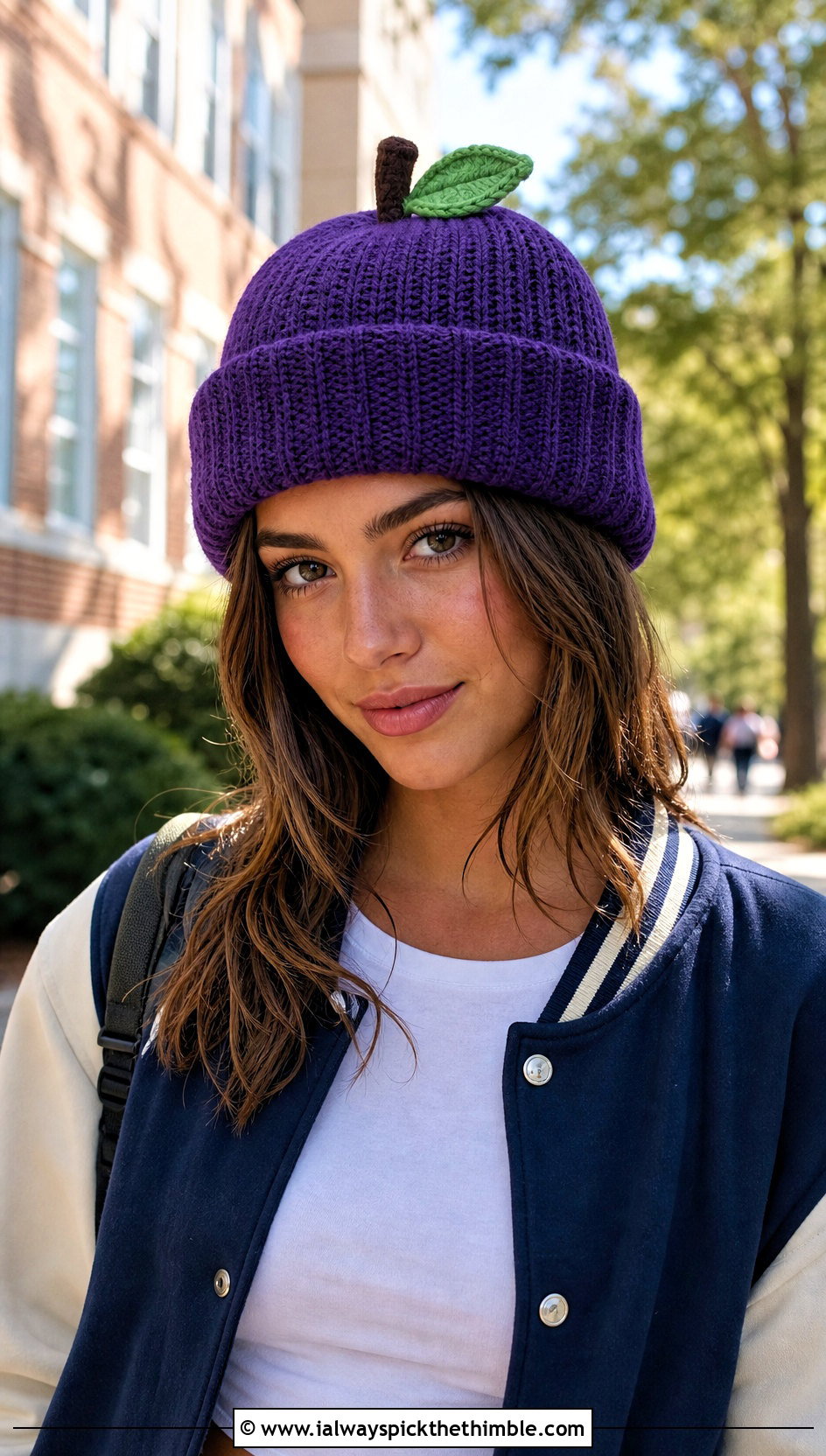 Crochet Apple Cuffed Beanie With Varsity Jacket - 25 crochet apple hat outfit ideas