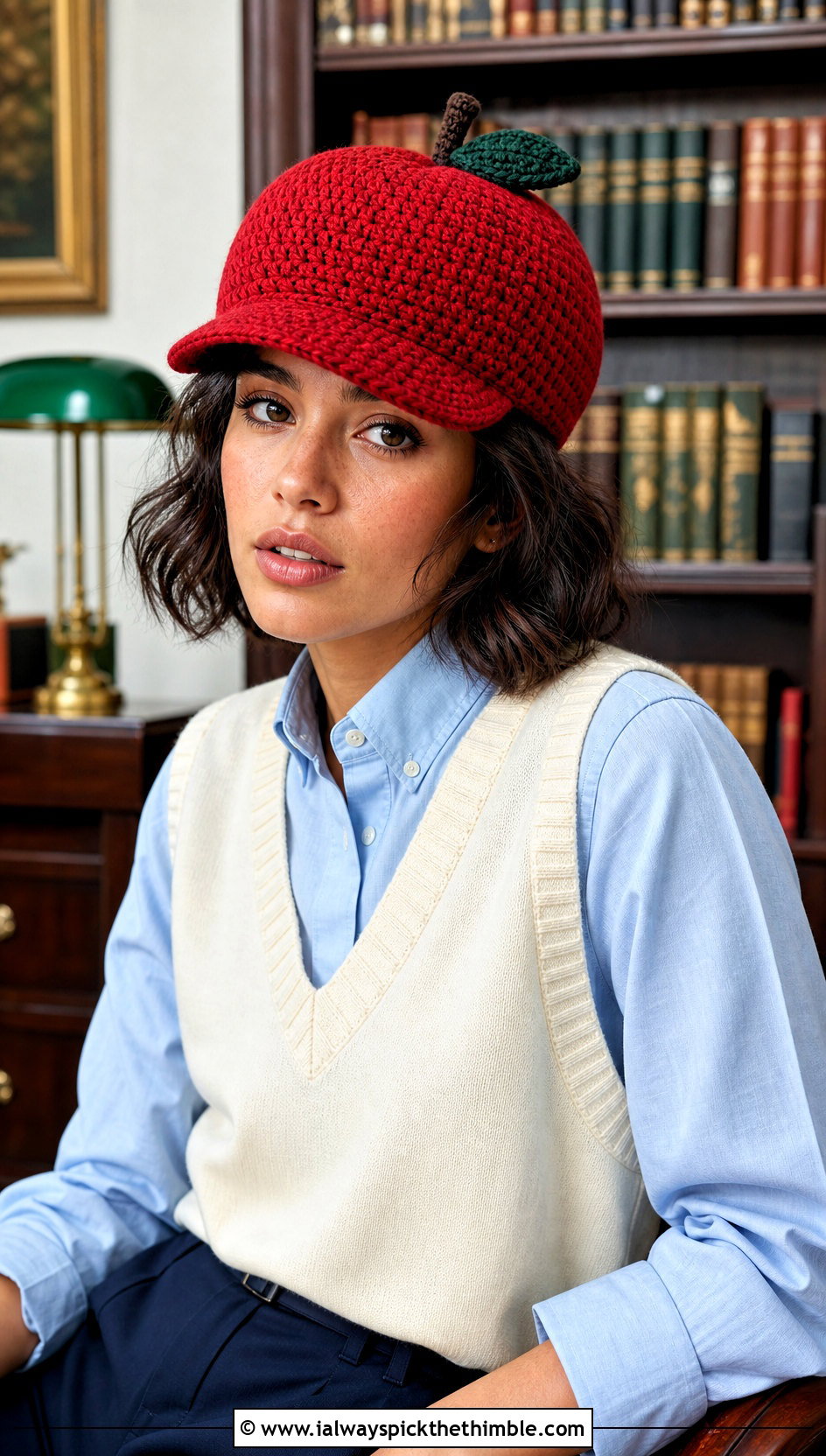 Crochet Apple Newsboy Cap With Sweater Vest - 25 crochet apple hat outfit ideas