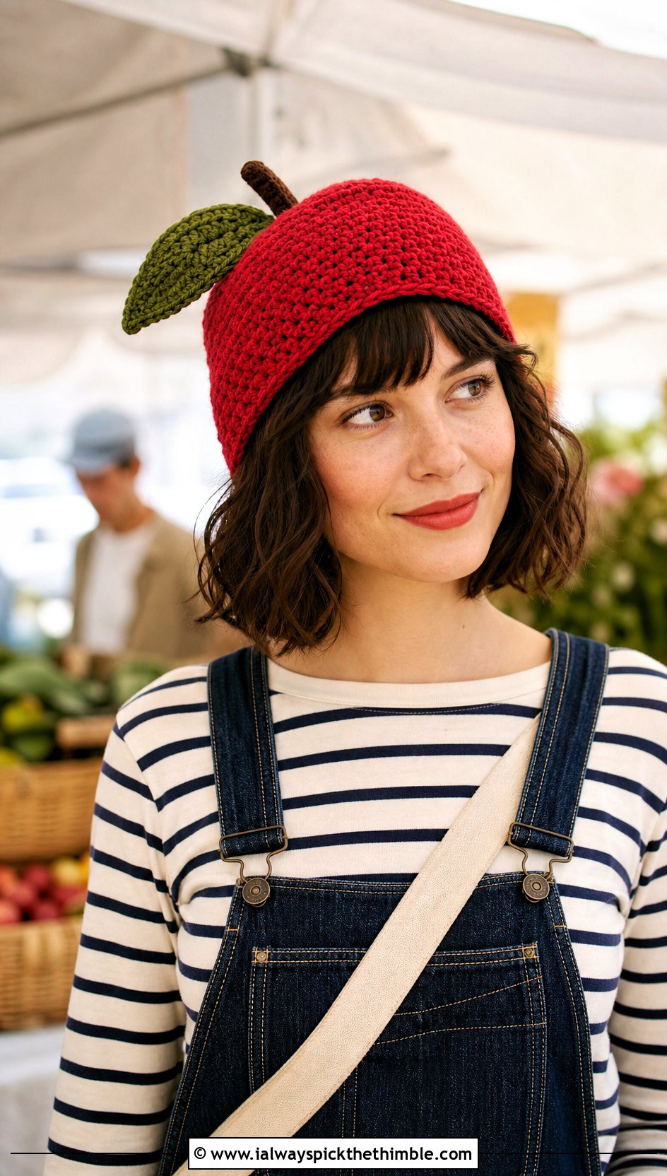 Crochet Apple Pixie Hat With Denim Overalls - 25 crochet apple hat outfit ideas