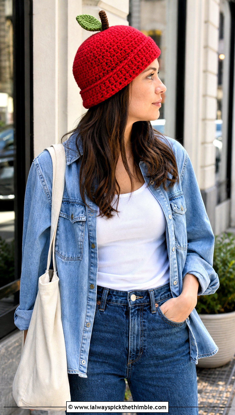 Crochet Apple Watch Cap With Double Denim - 25 crochet apple hat outfit ideas