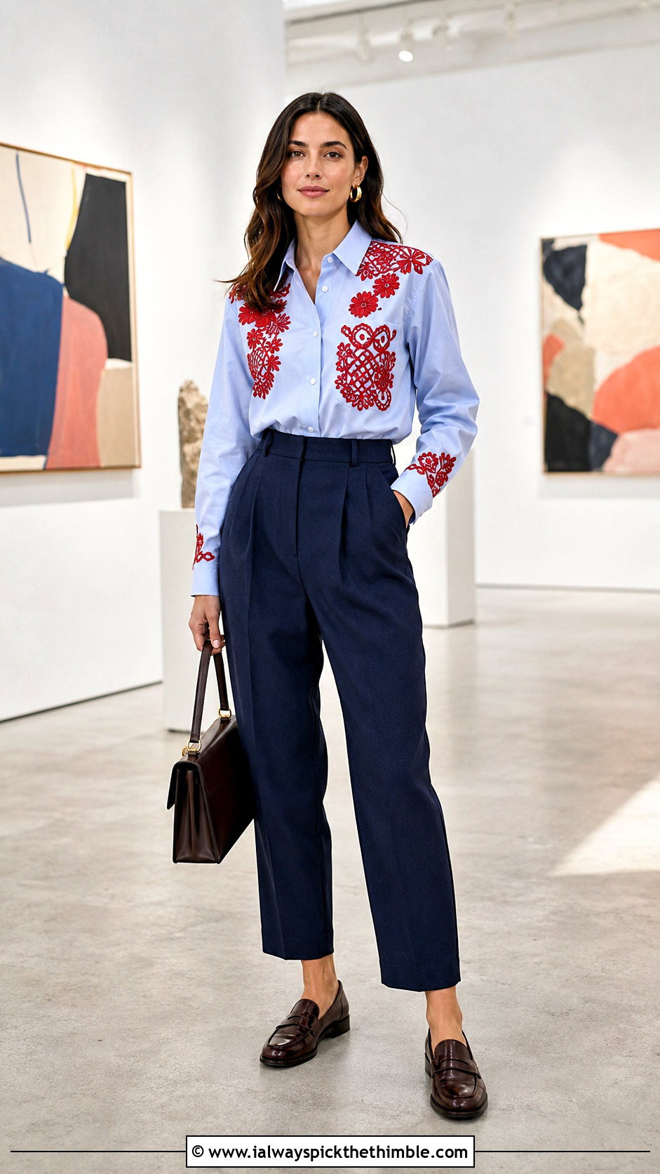 Crochet Applique Oxford Shirt With Pleated Pants - 20 crochet and fabric top outfit ideas