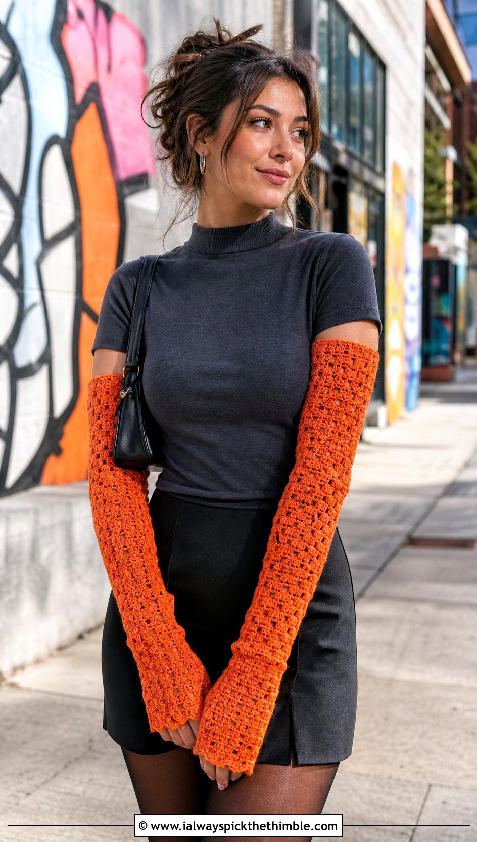 Crochet Arm Warmer Gloves With Mini Skirt And Boots - 25 crochet gloves outfit ideas