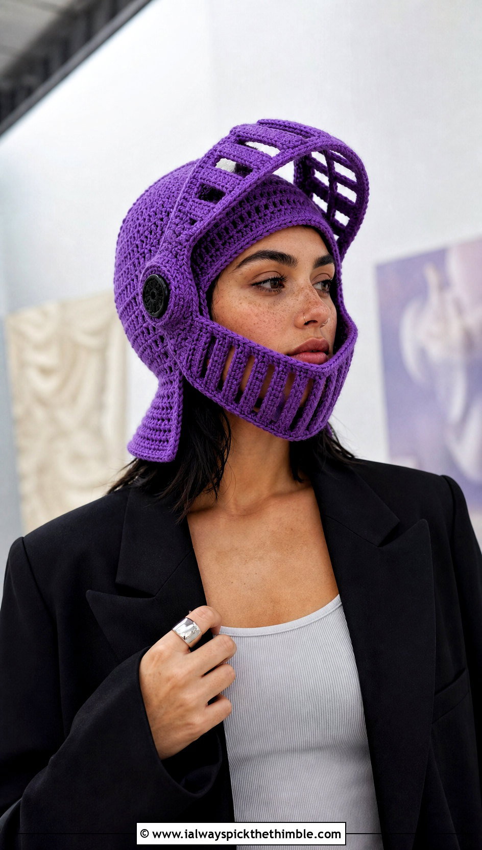 Crochet Armet Knight Helmet With Blazer - 15 Knight Crochet Hat outfit ideas
