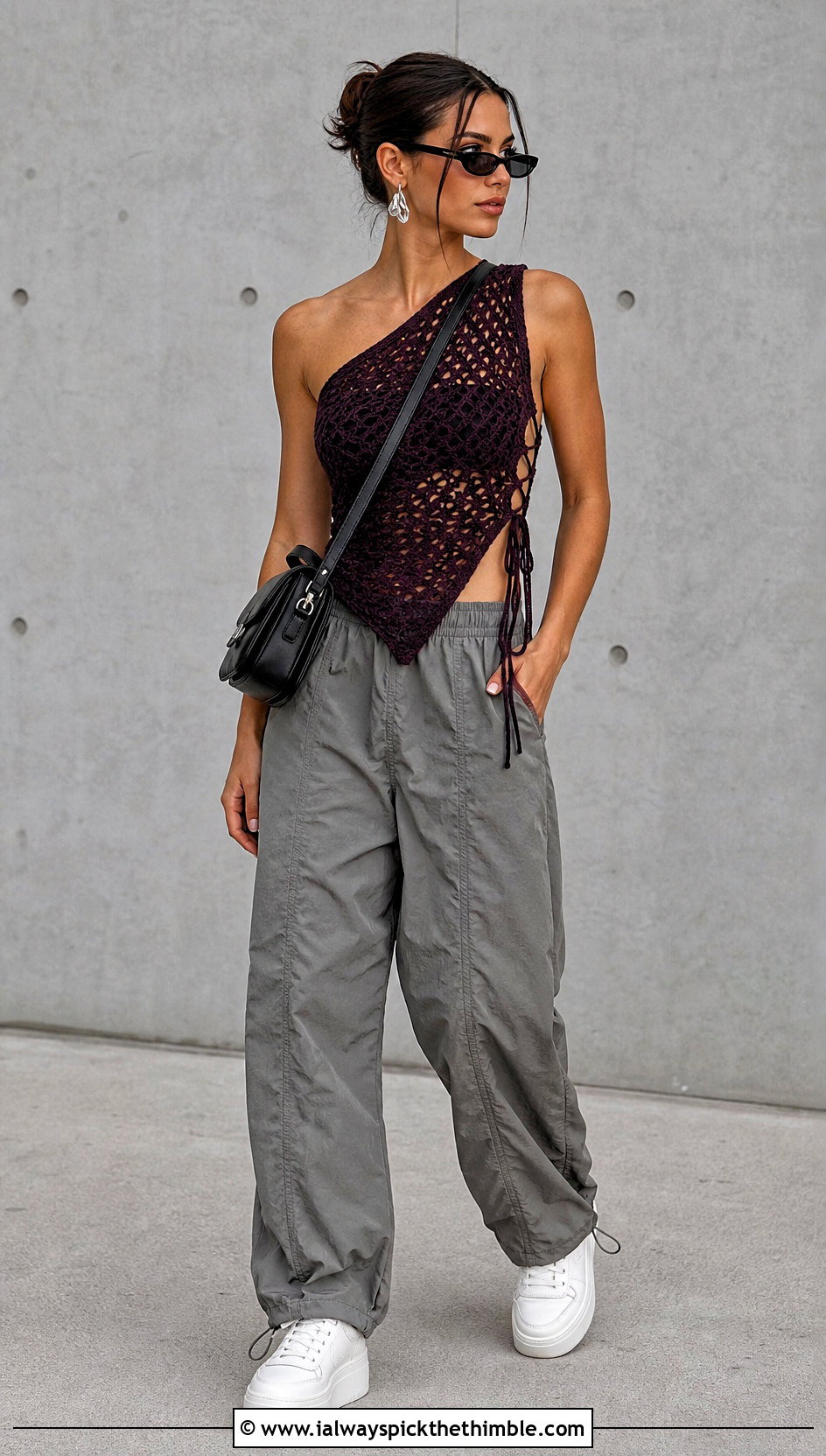 Crochet Asymmetric Side Lace Top With Parachute Pants - 20 crochet lace up top outfit ideas
