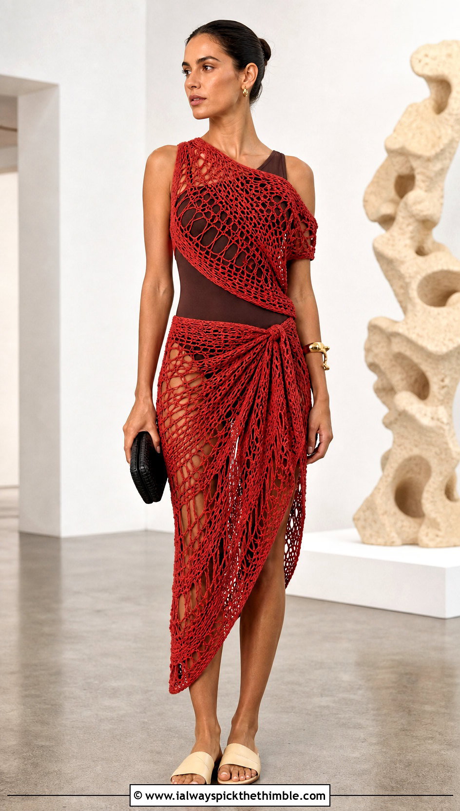 Crochet Asymmetric Top And Wrap Skirt Set With Minimal Sandals - 25 crochet set outfit ideas