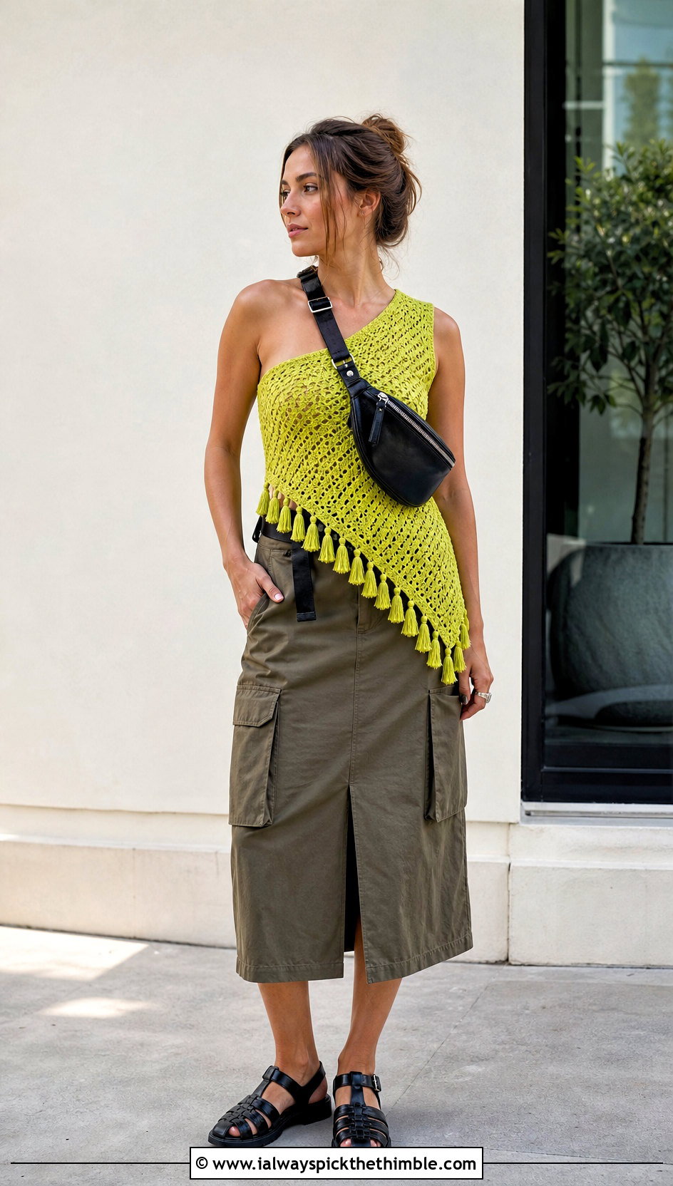 Crochet Asymmetrical Top With Utility Skirt - 20 crochet top with tassels outfit ideas